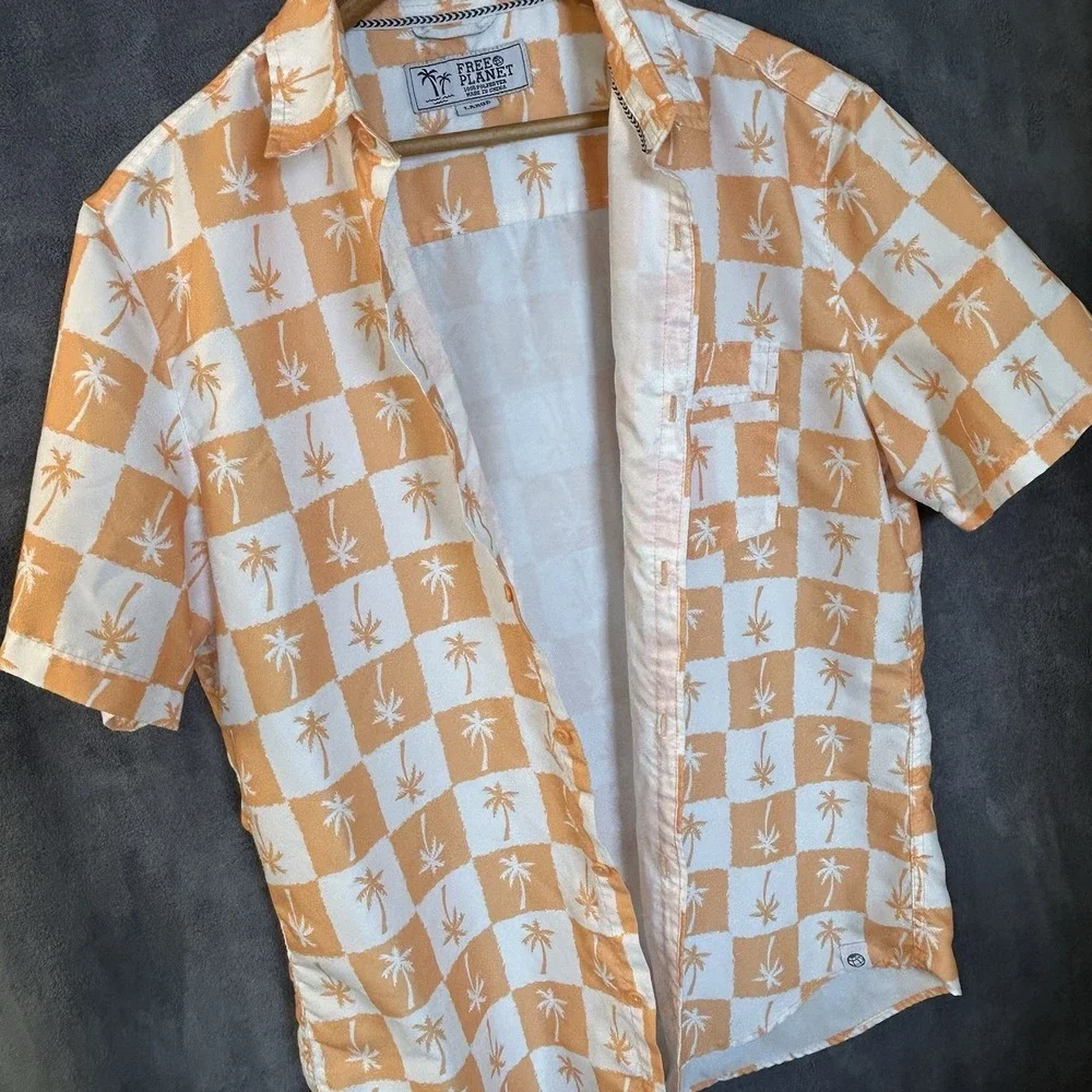 Free Planet Mens Large Hawaiian Lined Swim Trunks & Shirt Orange & White